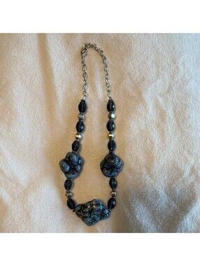 Blue Turquoise Howlite Nugget Beaded Statement Necklace Silver Tone 18”